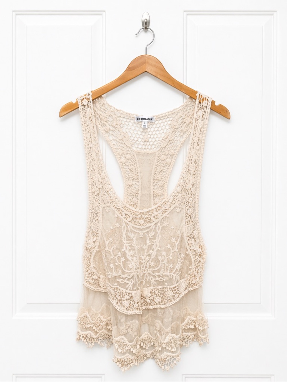Roommates Womens Crochet Lace Racerback Tank Top Cream Boho Floral Large T8138